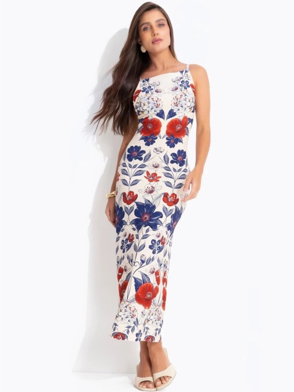 FARM Rio White Maxi Dress with Red & Navy Floral Print